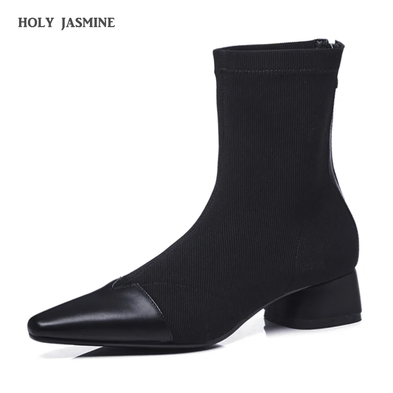 

Hot 2018 Autumn Spring Stretch Fabric Women Sock Boots Fashion Slip-On Pointed Toe Black grey Ankle Boots High Heel Women Shoes