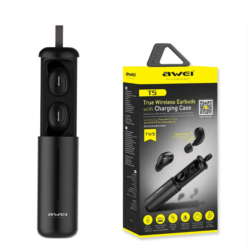 Наушники-вкладыши AWEI T5 наушники-вкладыши TWS с 5,0 Bluetooth наушники Беспроводной наушники 3D стерео гарнитура с микрофоном, наушники с зарядный чехол для iPhone samsung - Цвет: Black