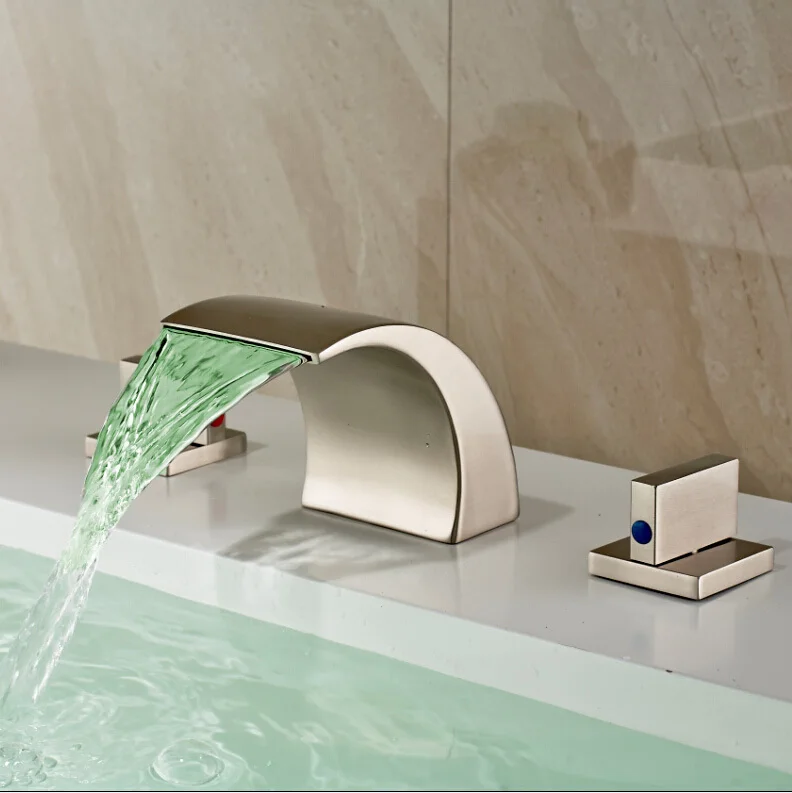 New Arrive Dual Handles LED Color Changing Bathroom Sink Mixer Faucet Modern Brushed Nickel Deck Mounted