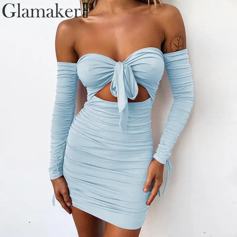 

Glamaker Sexy off shoulder bandage dress Summer autumn hollow out long sleeve bodycon dress Women party pleated short vestidos