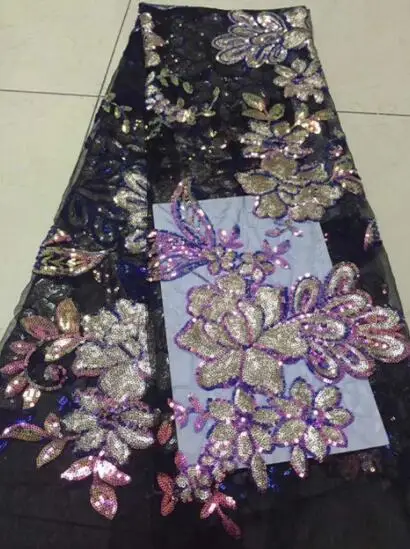

Embroidered Tulle Lace Fabric, Pearls Lace Applique Fabric For Wedding Black and purple Color African Sequin Lace Fabric