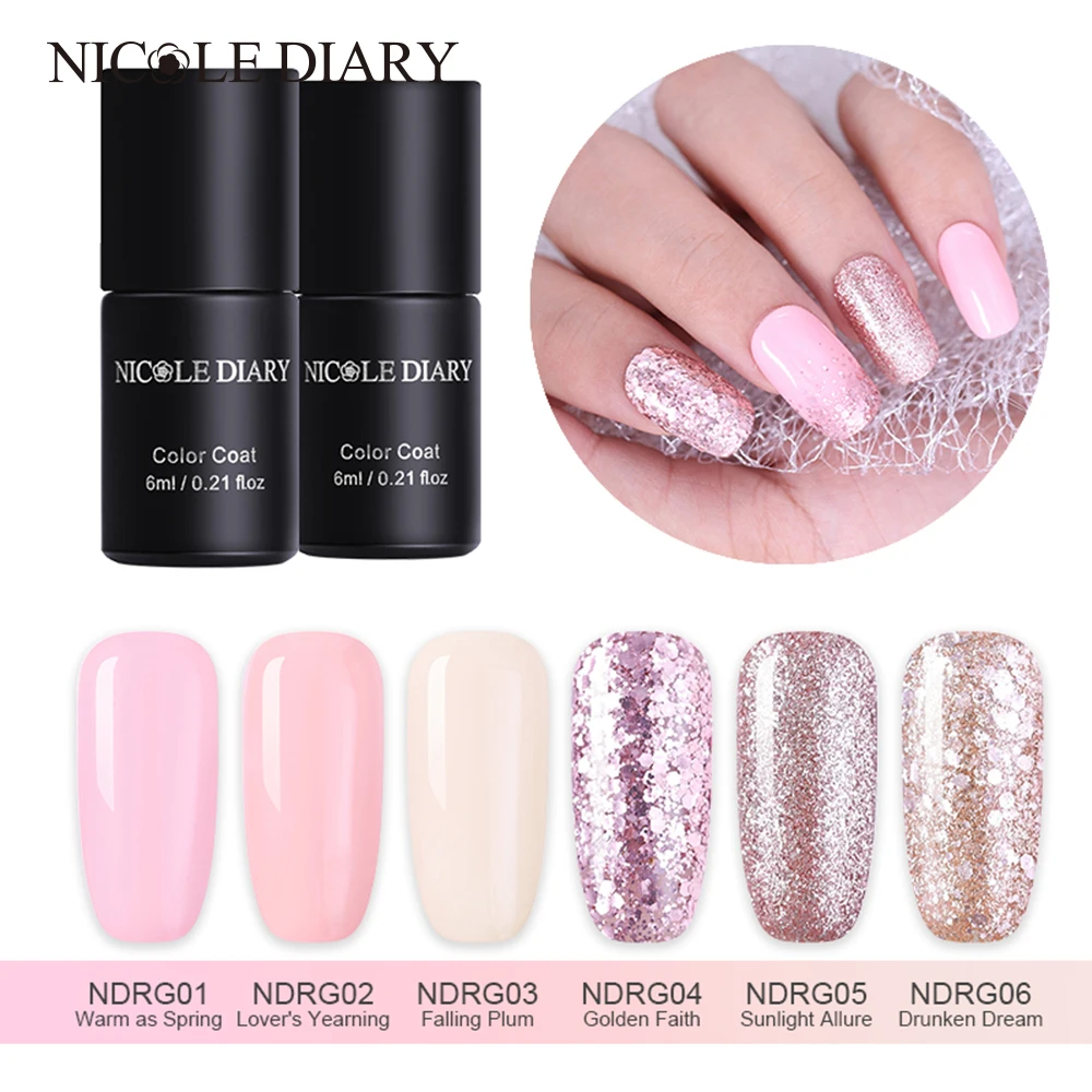

NICOLE DIARY Rose Gold Gel Nail Polish Color Coat Shinny Glitter Gel Varnish Soak Off Long Lasting Nail Gel UV Led Polish