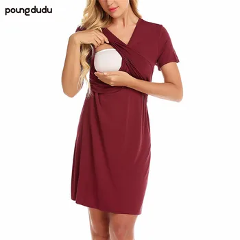 

Poungdudu maternity pregnant women dress V-neck short-sleeved solid color maternity dress 2019 summer new