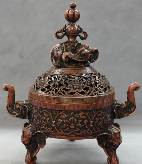 

JP S0606 11" Tibet Bronze Buddhist Elephant Head Statue Flower Incense Burner Censer Discount 35%