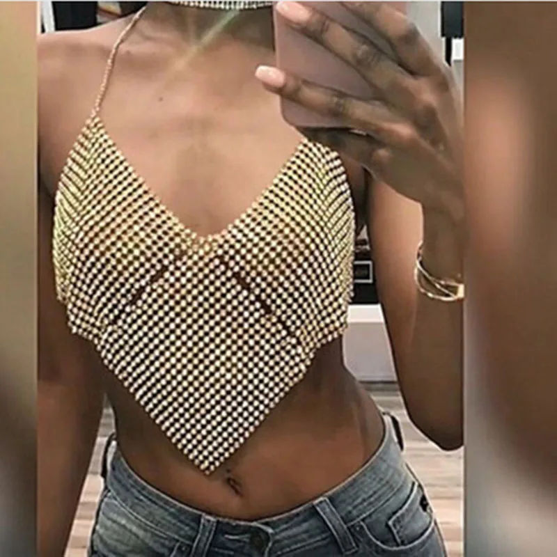 Multiple Colors Sequins/Rhinestone Body Chain Dress Metal Mesh Bra