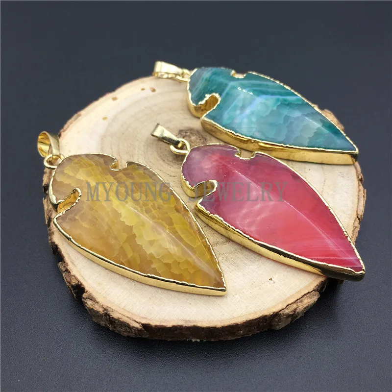 

MY0310Arrow Shape Lace Dragon Veins Agates Pendant,Cracked Agates Pendant Charm with Gold Color Edge for Necklace Jewelry