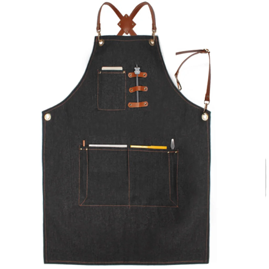 Ladies Men Leather Strap Denim Bib Apron BBQ Florist Baker Bartender Barista Chef Work Uniform
