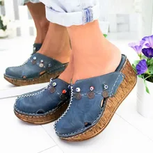 women summer sandals wedges shoes woman vintage PU close toe high heels slippers slides zapatos mujer chaussure femme HP1515