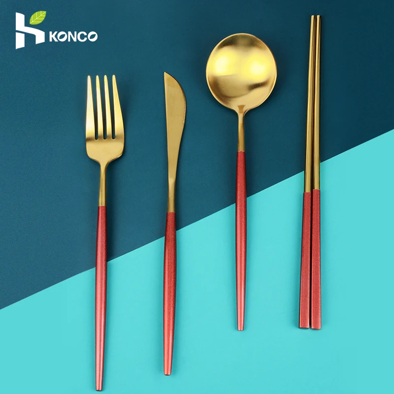 

Konco High end Stainless steel Cutlery Set Tableware Kit Metal Solid Knife spoon Chopsticsk fork set Wedding Party Cutlery