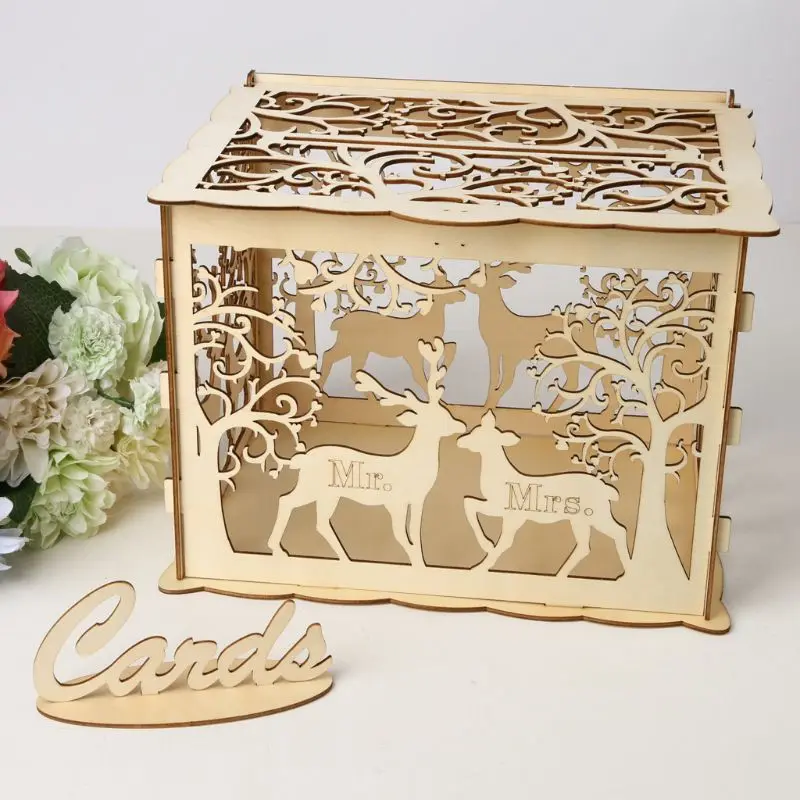 

DIY Wedding Gift Deer Wooden Card Money Box Case With Lock Rustic Beautiful Birthday Party Favors Decoration Supplies