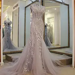Элегантный серый Тюль 2017 вечернее платье Vestido De Festa с бисером Кристалл Кружево Аппликации суд Поезд Русалка Выпускные платья Длинные