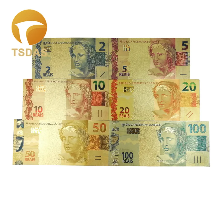 

6Pcs/Set Color Brazil 2-100 REALS Gold Banknote Normal Gold Bank Note Limited Collection