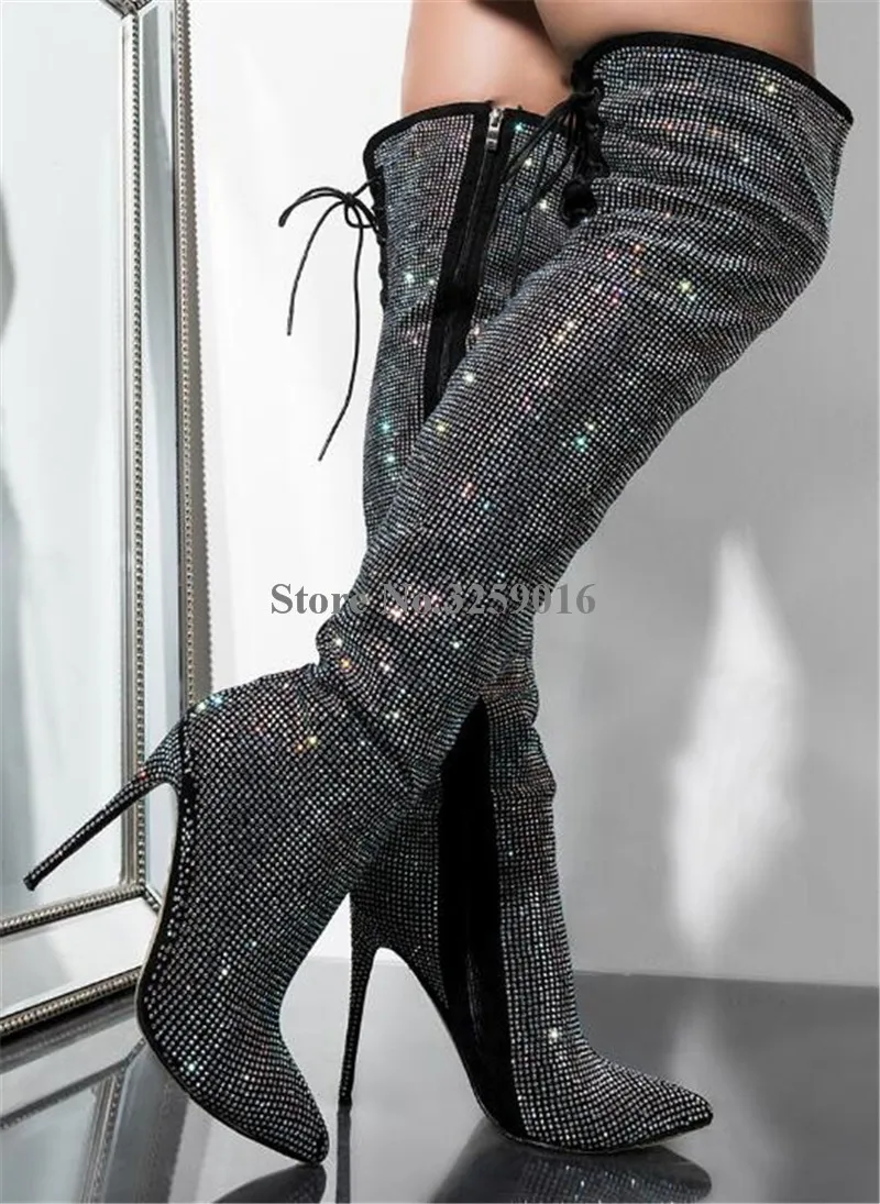Sexy Heel Kristall up High Plissee Zurück Lange Spitz Bling Strass Stiefel Dünne Kniehohe Lace Ferse Frauen dwq76Ppnd