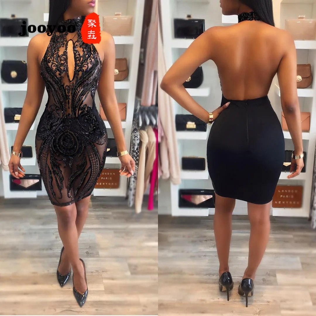 

New Sexy Dress Hanging Neck Back Rainbow Band Loose Big Swing Nightclub Dress Fashion Popular High Quality Women jooyoo