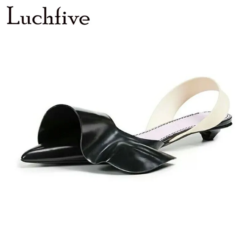 

Sexy genuine leather kitten heels sandals women pointed toe back strap black red beige slingback ruffles Summer shoes for ladies