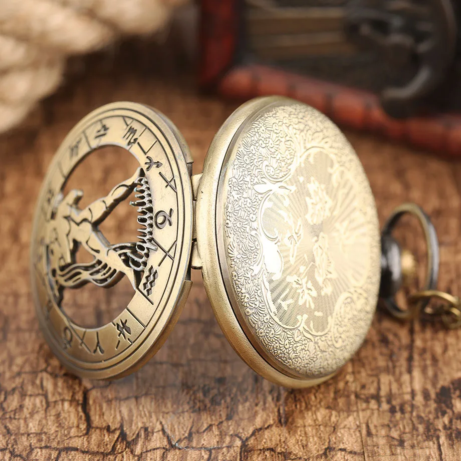Fashion New 12 Constellation Aquarius Pocket Watch Retro Old American Flip Cover Children Students Hanging Pendant Quartz Watch (11)