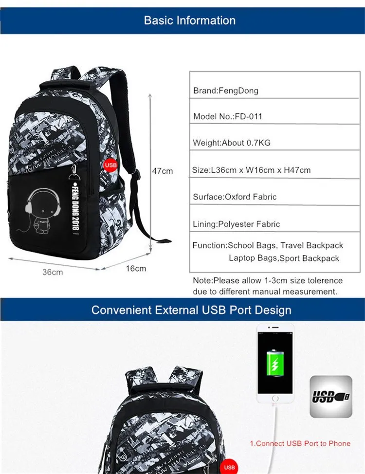 FengDong boys school bags waterproof large backpack for teenagers