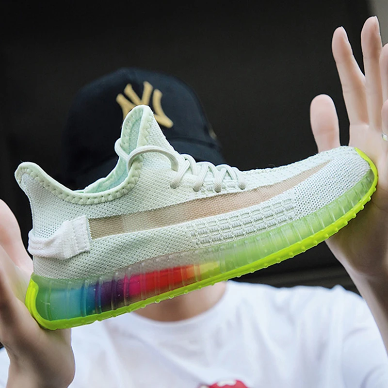 

Men color sole sneakers fly woven air movement running shoes leisure hollow out net cloth boots male coconut rainbow sneakers
