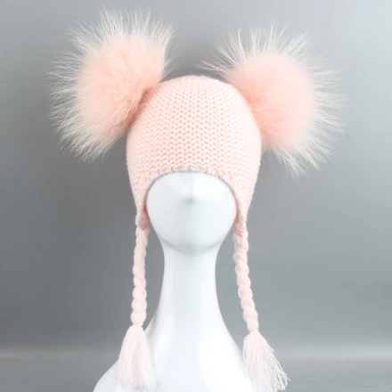 Детская шапка с помпоном из натурального меха, детские зимние вязаные шапки для девочек и мальчиков, вязаная шапка с ушками, шапка с двумя помпонами для детей - Цвет: pink