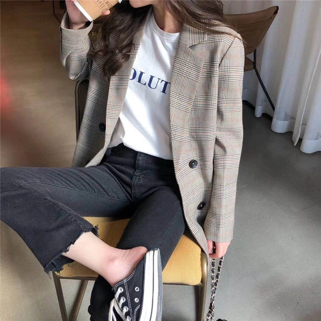 Office Ladies Notched Collar Plaid Women Blazer Double Breasted Autumn Jacket 2020 Casual Pockets Female Suits Coat -