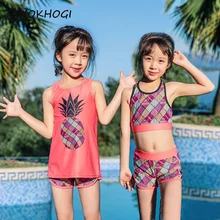 Дети Девушки ананас комплект из 3 предметов Купальники Фиолетовый плед печати жилет топ и брюки Высокое качество для маленьких девочек 3 предмета комплекты K21