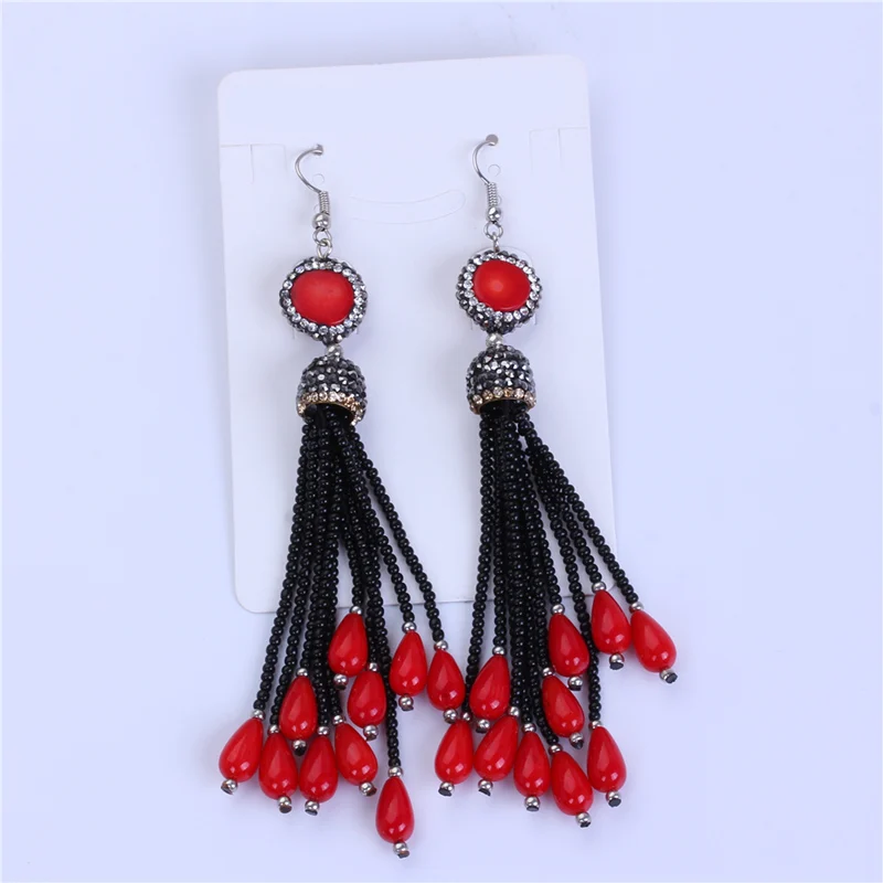 red Богемия Boho темно-синий черный Стекло Бусины с красный коралл бирюза разъем Талисманы Толстая кисточкой Длинные Висячие серьги для Для женщин - Окраска металла: red