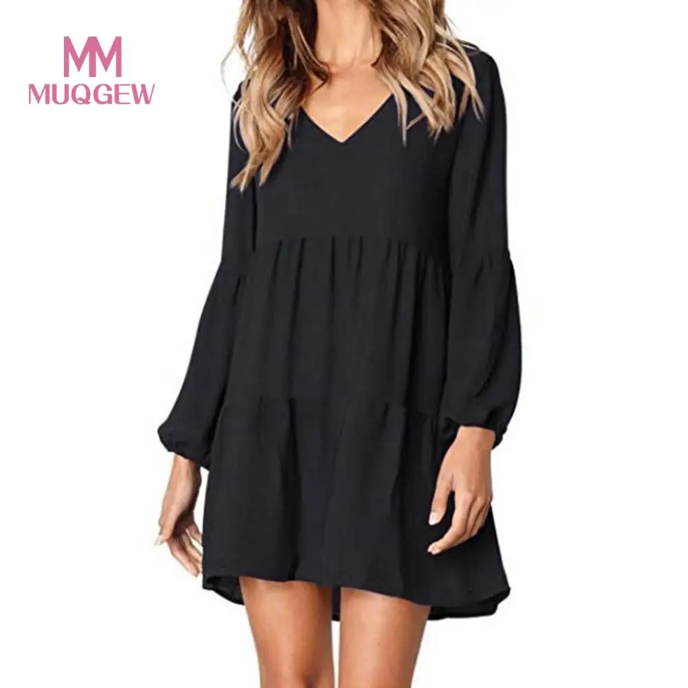 

MUQGEW Women Dress Vestidos New Irregular Hem black Fashion Solid Lantern Long Sleeve V-Neck Draped Knee-Length elegant Dress