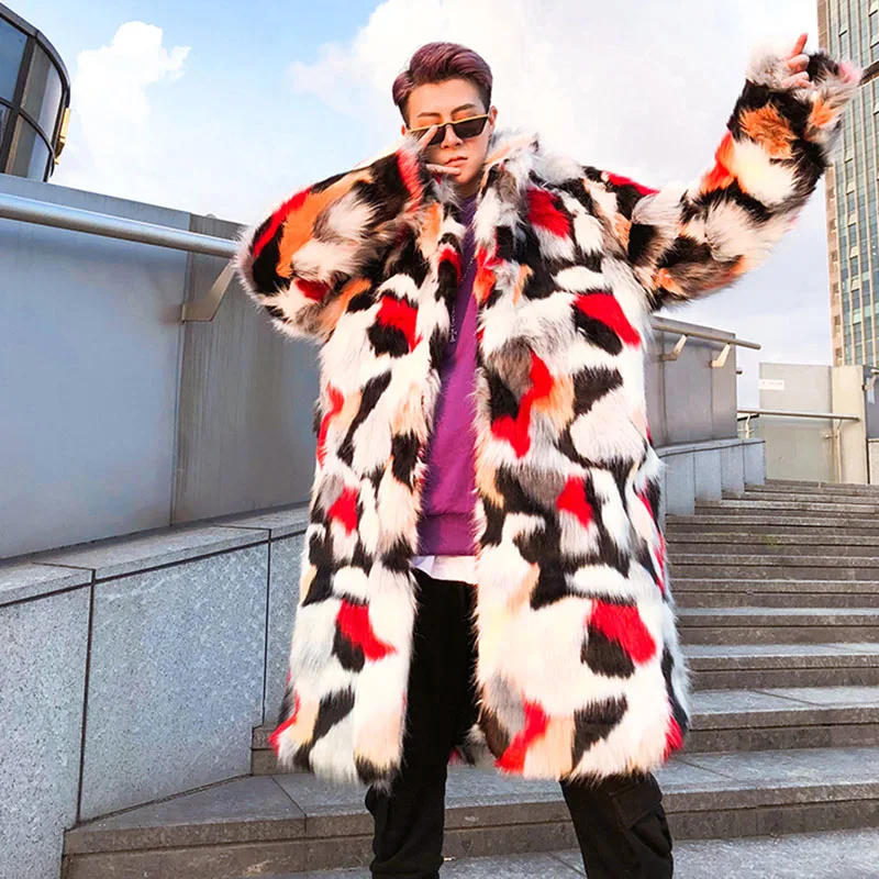 AELFRIC Fur Jacket Men Tie Dye Patchwork Winter Streetwear Long Style Jackets Hip Hop Outwear Harajuku Thick Warm Overcoat KJ168