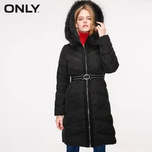 Только женский пуховик с мехом енота на молнии с утиным пухом средней длины с капюшоном | 118312526