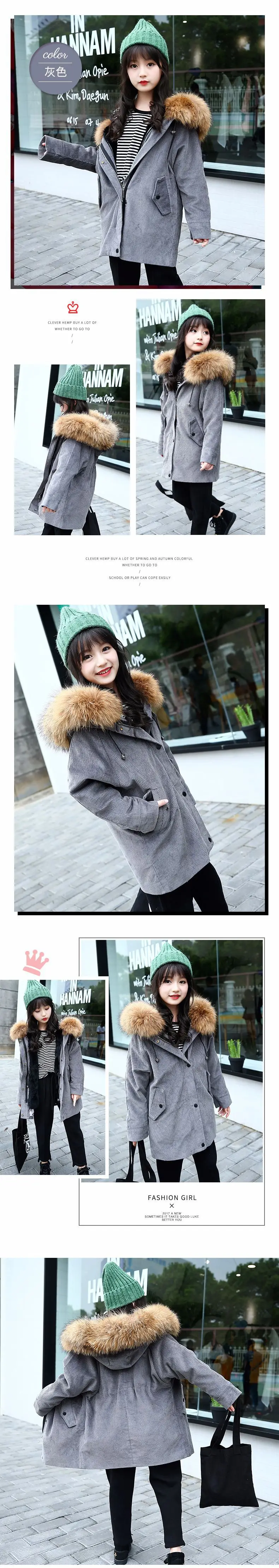 Новая зимняя Вельветовая ветровка для девочек, утепленная стеганая куртка для девочек, детская хлопковая куртка со съемным мехом, детские куртки, парки