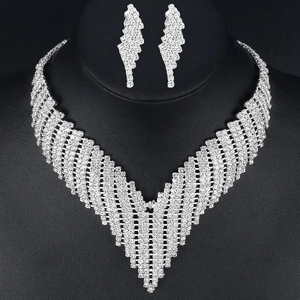 Bridal Austrian Crystal Necklace and Earrings Jewelry Set Gifts fit with Wedding Dress (3)