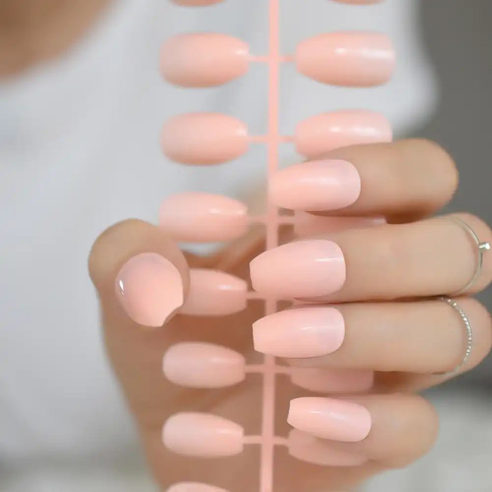 New Women Artificial Nail Design Kit Pure Peach Pink Color Medium Flat Acrylic Press On Nails Without Glue Sticker 719b False Nails Aliexpress