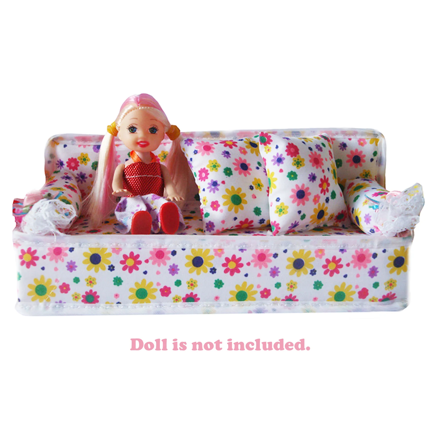 Kids Mini Dollhouse Miniature Furniture Accessories 1pcs 20cm Flower Print Sofa Couch+2pcs Cushions Pillow for Barbie Doll Toy