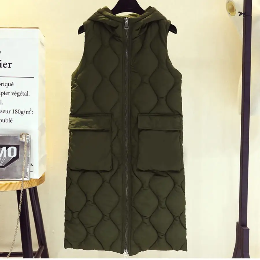 Зимний модный женский жилет, куртка с капюшоном, плотный теплый длинный Повседневный жилет с хлопковой подкладкой, женский жилет без рукавов - Цвет: army green