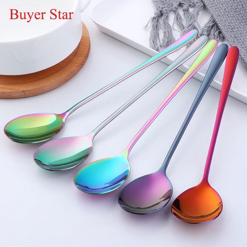 

Hot 2PC Korean Soup Rainbow Spoon 18/10 Stainless Steel Eco-Friendly Dinner Spoon Dinnerware Spoon Set Long Handle Salad Spoon