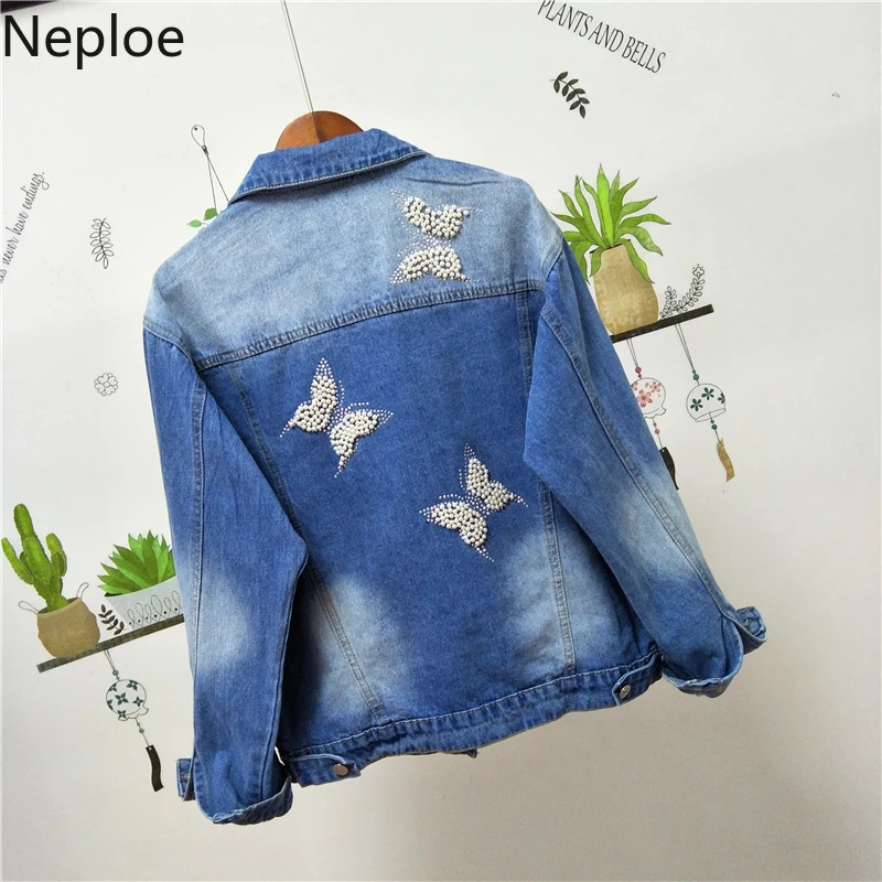 

Neploe 2019 Spring Autumn New Korean Jeans Jacket Loose Beads Butterfly Cowboy Coat Female Long Sleeved Jacket Outwear 53403