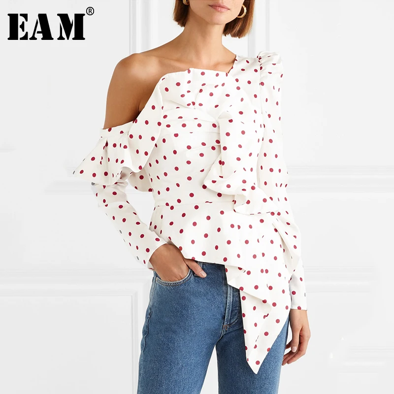 

[EAM] 2019 New Spring Autumn Skew Collar Long Sleeve Print Polki Dot Irregular Ruffles Shirt Women Blouse Fashion Tide 1C074