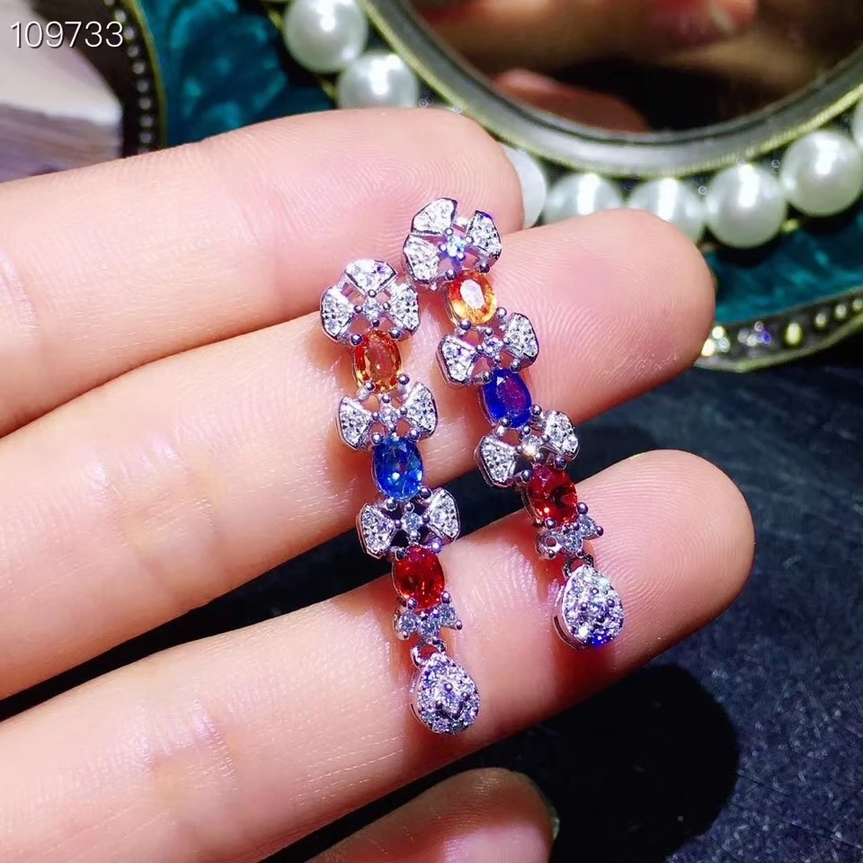 Природный многоцветный сапфировые серьги S925 серебра, природных драгоценных камней серьги женские роскошные длинные линия бантом женские