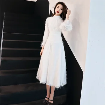 

Elegant Fit And Flare Women Chinese Dress Turtleneck White Novelty Female Cheongsam Vestidso De Festa Lantern Sleeve Dress