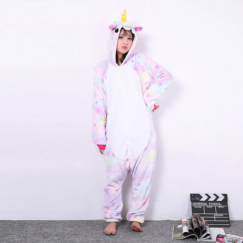 Anime Women Pajamas Unicorn Pikachu Stitch Costume Cosplay Winter Hooded Adult Sleepwear Onesies Flannel Cartoon Unisex Pyjamas