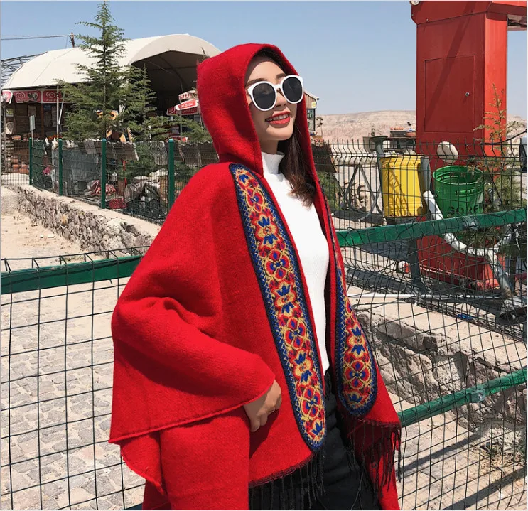 

Ladies Warm Winter Hooded Wrap Poncho Wool Scarves Lush Cape,Mantle Ponchos Capes Aztec Outwear Red Embroidered Nepal Scarf