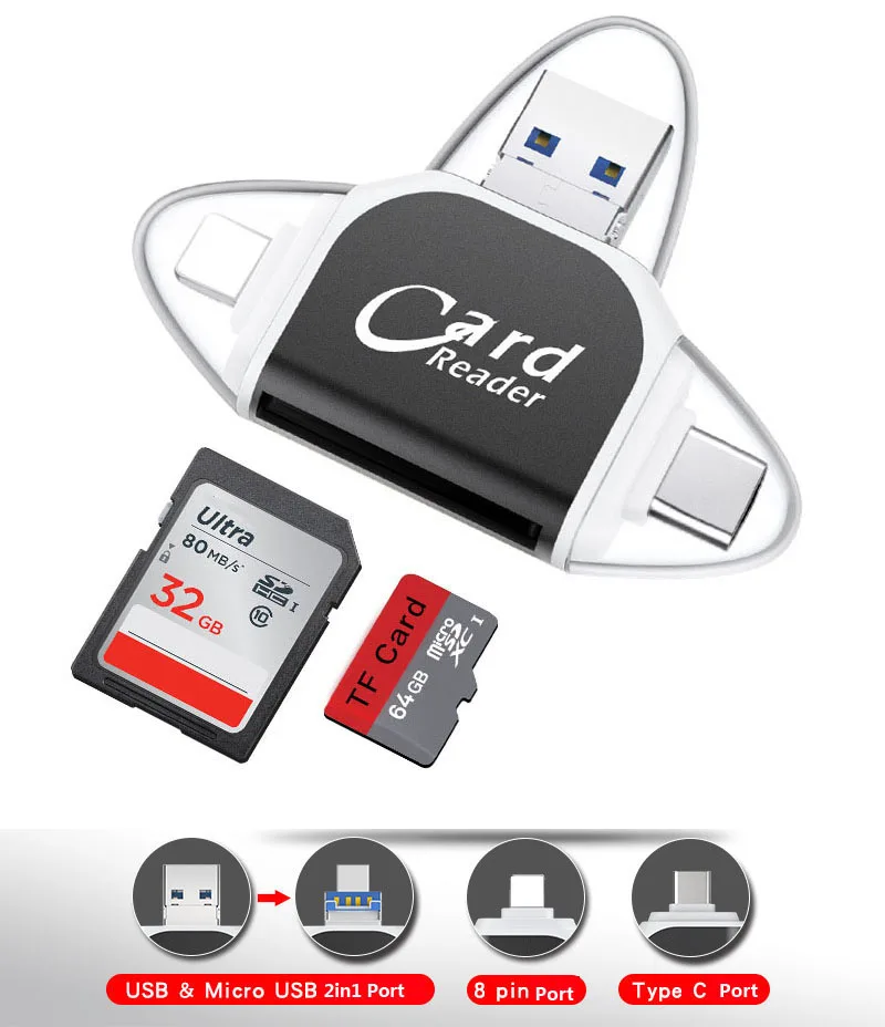 Все в 1 устройство для чтения SD карт памяти Microsd USB C TF адаптер SDHC Type OTG iPhone XS MAX XR 6