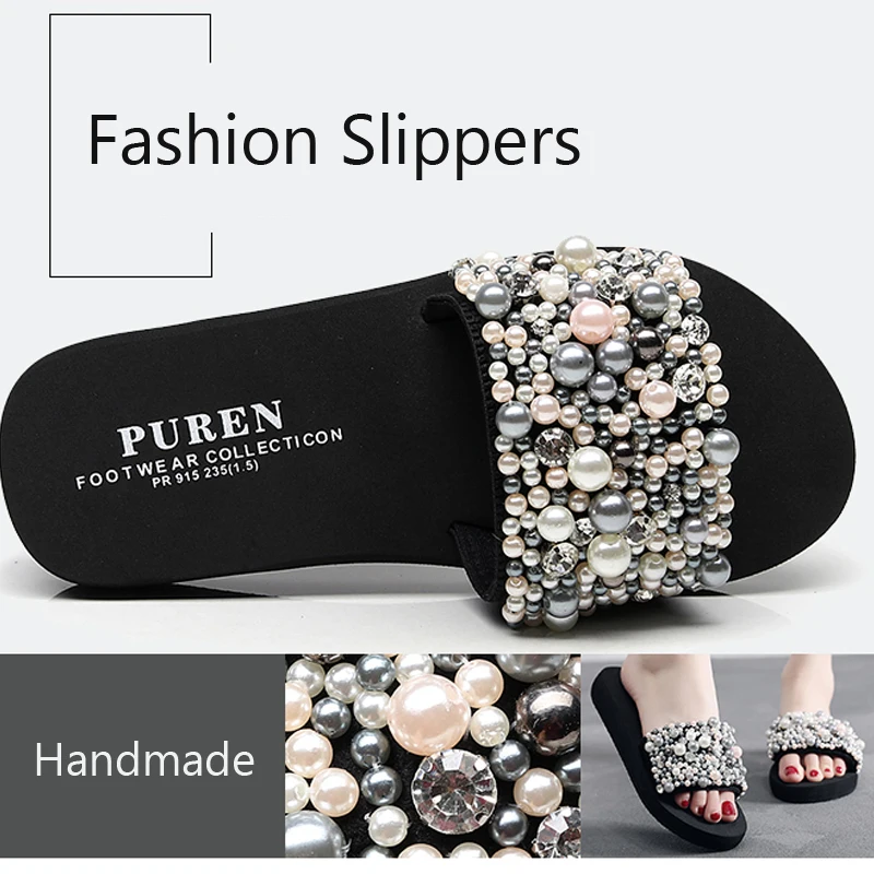 SHUJIN Pearls Slides Women Sandals Heel Slippers Torridity Sandal Shoes Handmade Bohemia Crystal Female Outdoor Shoes Slippers