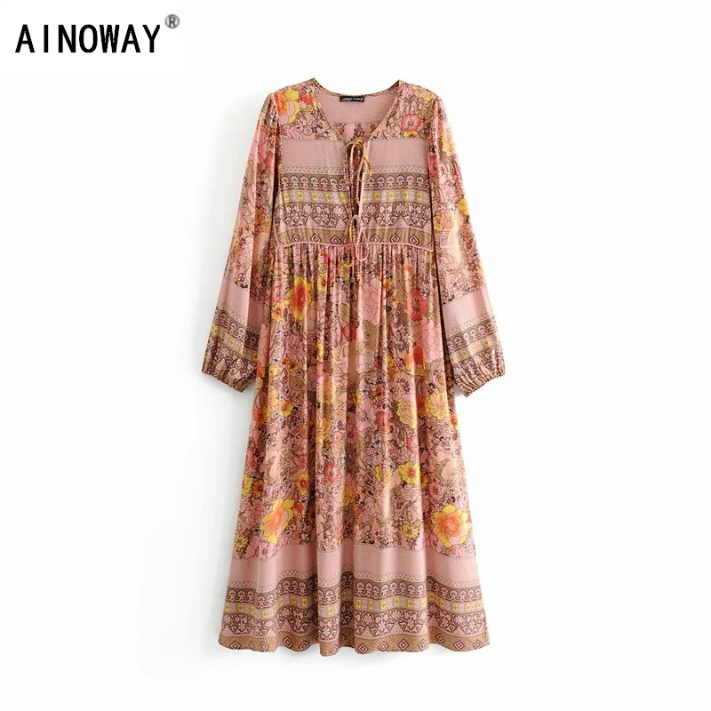 

Vintage chic women elegant lace-up tassel floral print beach long Bohemian Maxi dress Ladies rayon Boho dress vestidos