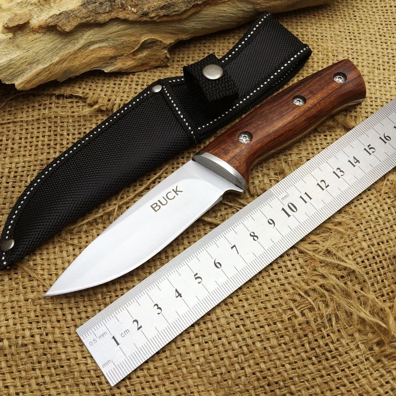BUCK Camping Fixed Knives,440 Blade Solid Wood Handle Small Hunting Knife,Survival Knife.in