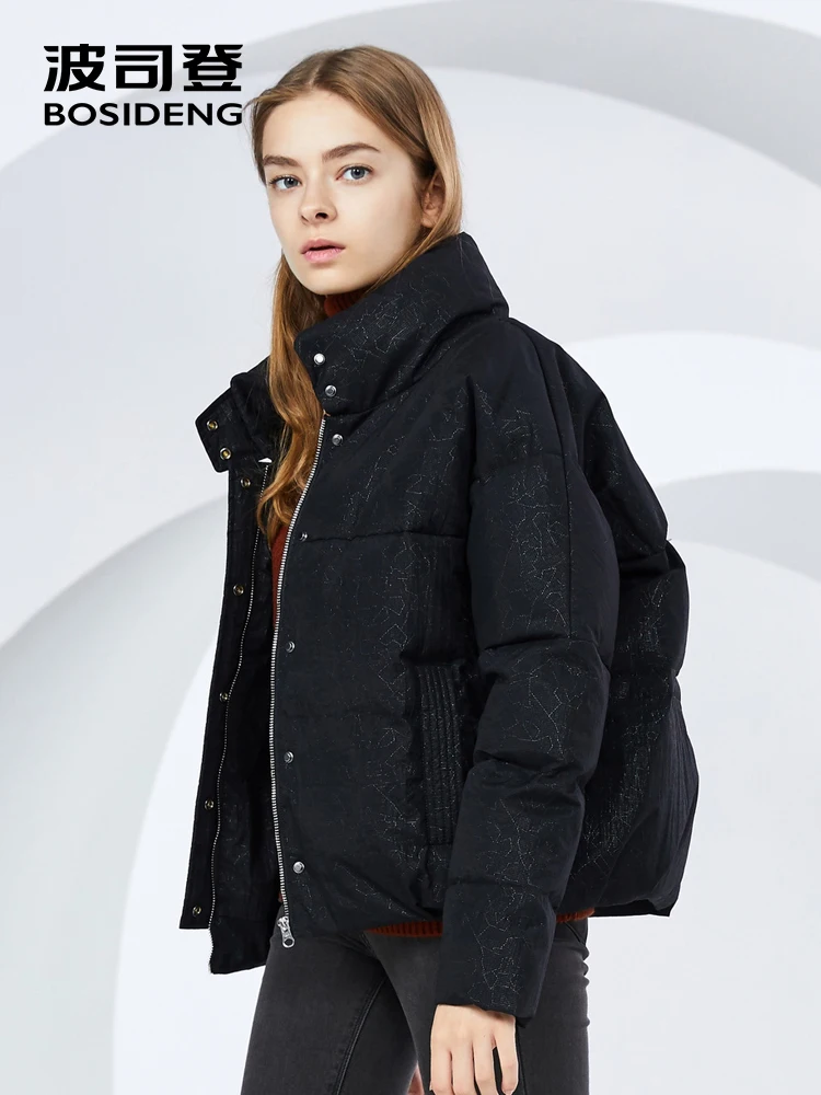 

BOSIDENG 2018 new winter short down jacket women down coat stand collar geometric pattern short loose fashion B80141504DS
