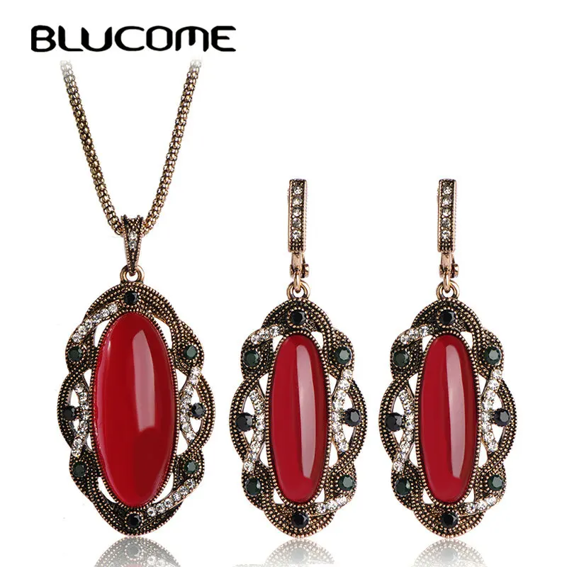 Blucome Vintage Red Big Pendant Jewelry Sets Turkish Necklace Princess Hooks Large Long Earrings Wedding Women
