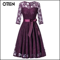 OTEN-lace-dress-womens-3-4-Sleeve-see-through-Elegant-ladies-vintage-pin-up-Casual-Knee