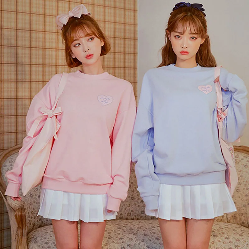 

Harajuku Kawaii Loose Sisters Sweatshirt Women Autumn Korean Fashion Love Print Pink Blue Sweatshirt Tops Schoolgirl M158