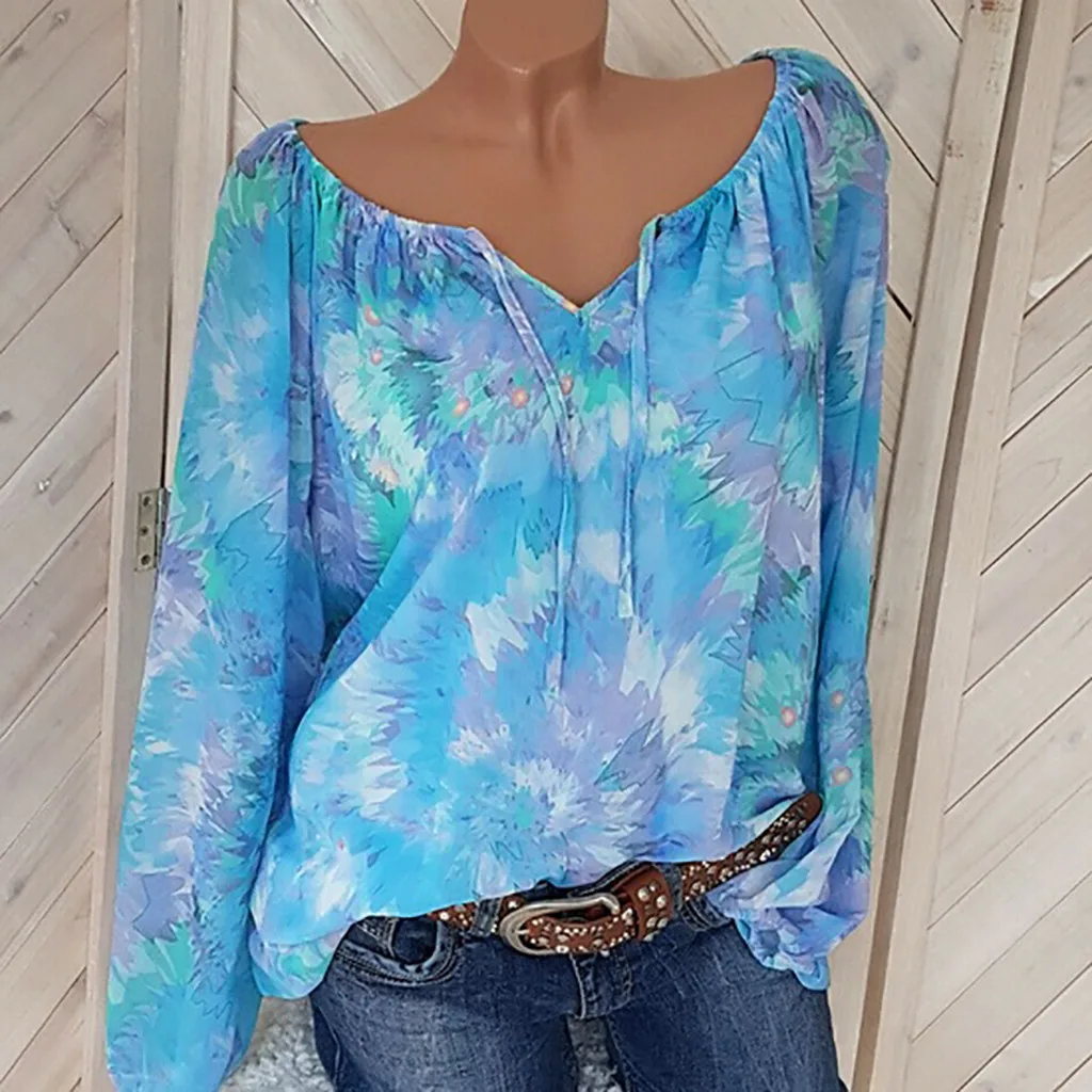 

blusas mujer de moda 2019 women's blouse Loose female T-shirt Women Plus Size Print V-neck Bandage Blouse Pullover Tops Shirt